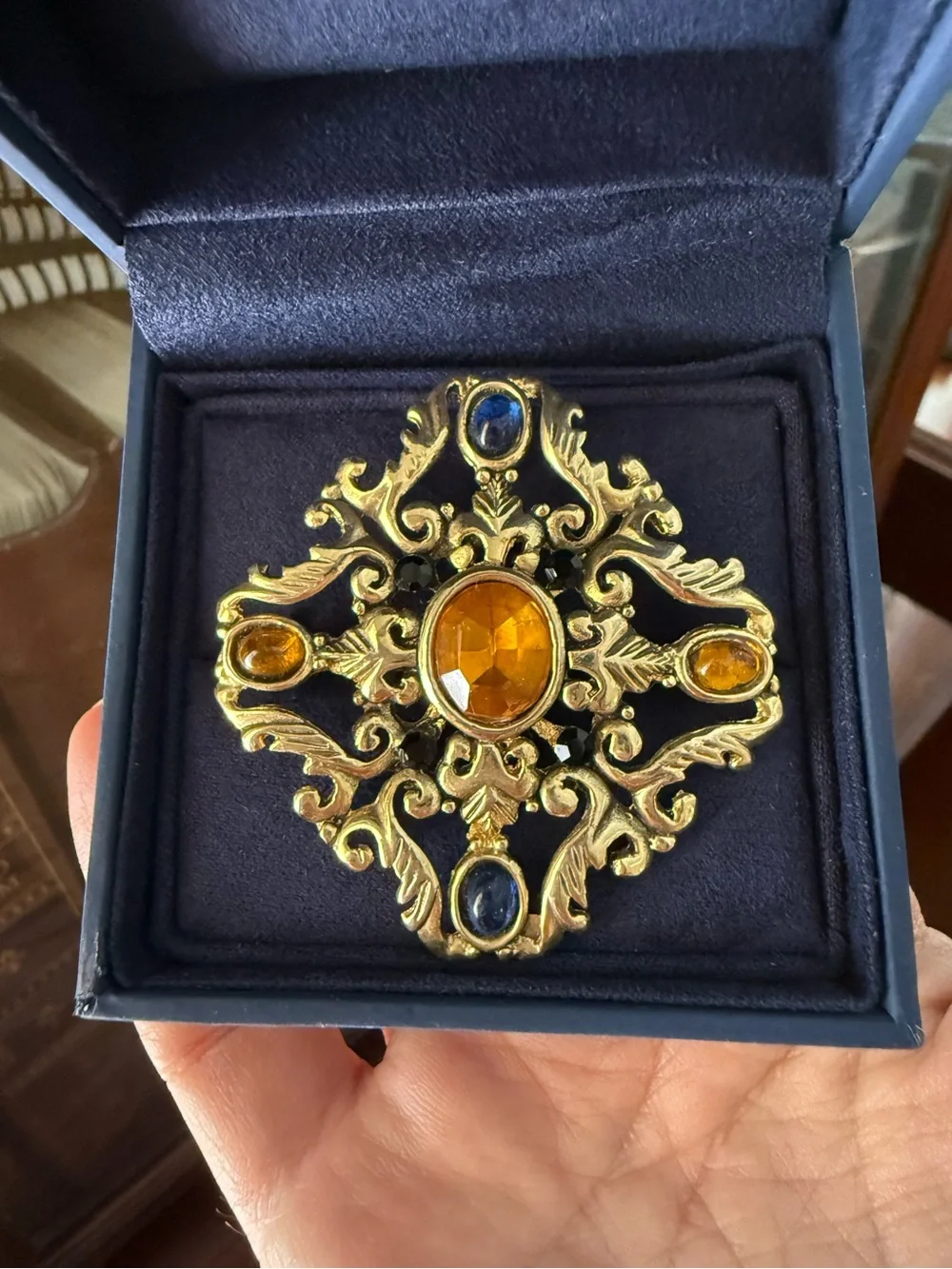 1960s Filigree Brooch with Amber and Sapphire Stones